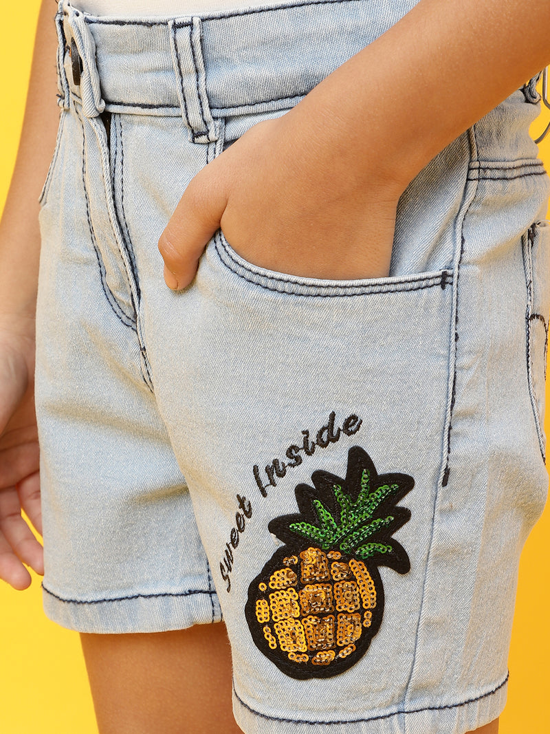 Girls Light Blue Pineapple Print Embroidered Shorts