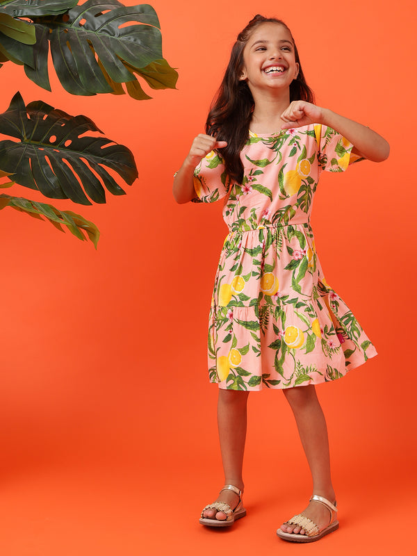 Girls Peach Leaf Printed Dress