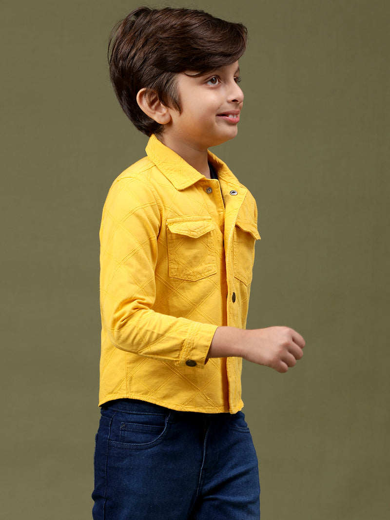 Boys & Girls Yellow Cotton Regular Fit Embroidered Shacket