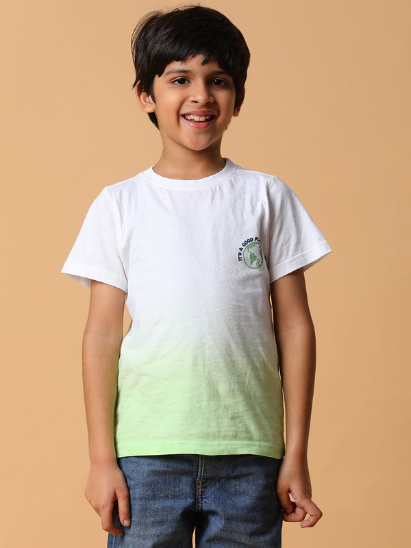 Boys White & Neon Green Solid Cotton T-shirt