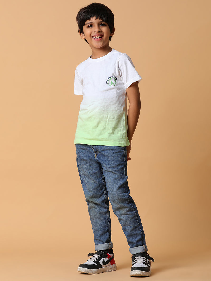Boys White & Neon Green Solid Cotton T-shirt
