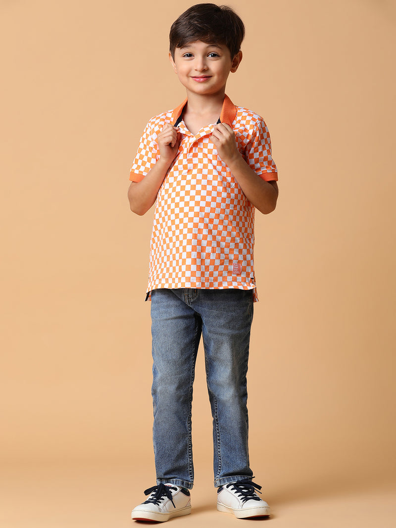 Boys Orange Checkered Polo T-Shirt