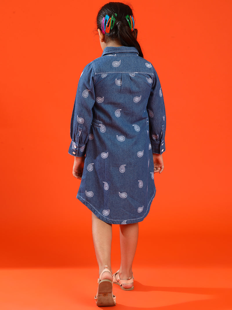 Girls Medium Blue 100% Cotton Regular Fit Embroidery Dress