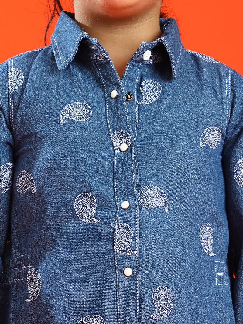 Girls Medium Blue 100% Cotton Regular Fit Embroidery Dress