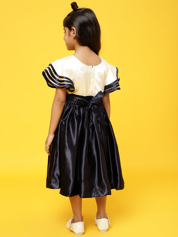 Girls Navy Blue & Cream Polyester Regular Fit Solid Dress