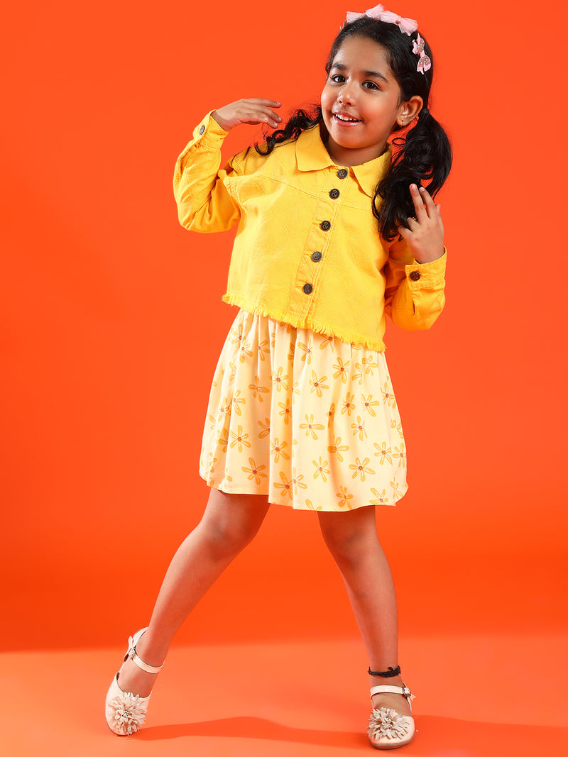 Girls Yellow Cotton & Rayon Regular Fit Stripes Dress with Jacket