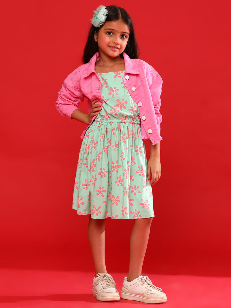 Girls Pink & Green Cotton & Rayon Regular Fit Print Dress with Jacket