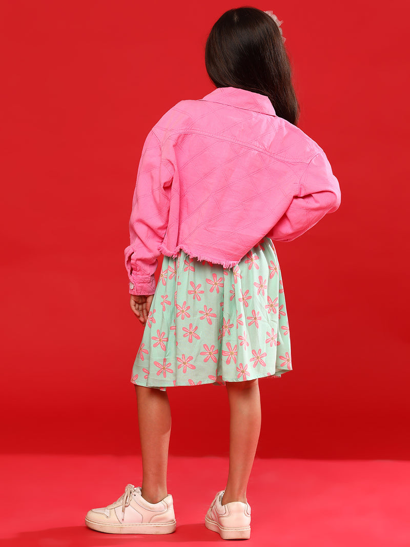 Girls Pink & Green Cotton & Rayon Regular Fit Print Dress with Jacket