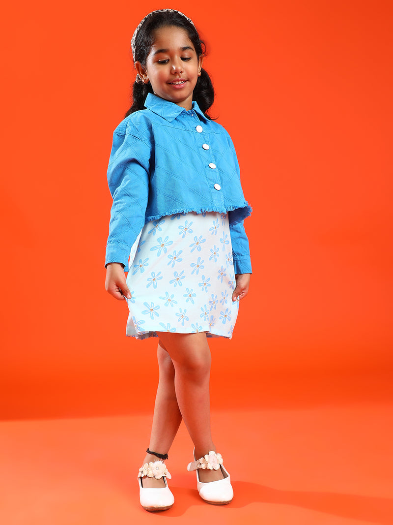 Girls Sky Blue Cotton & Rayon Regular Fit Stripes Dress with Jacket