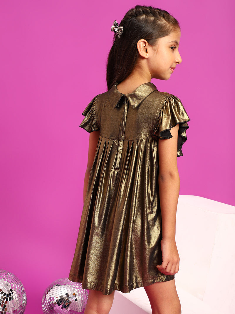 Girls Golden Polyester Regular Fit Solid Dress