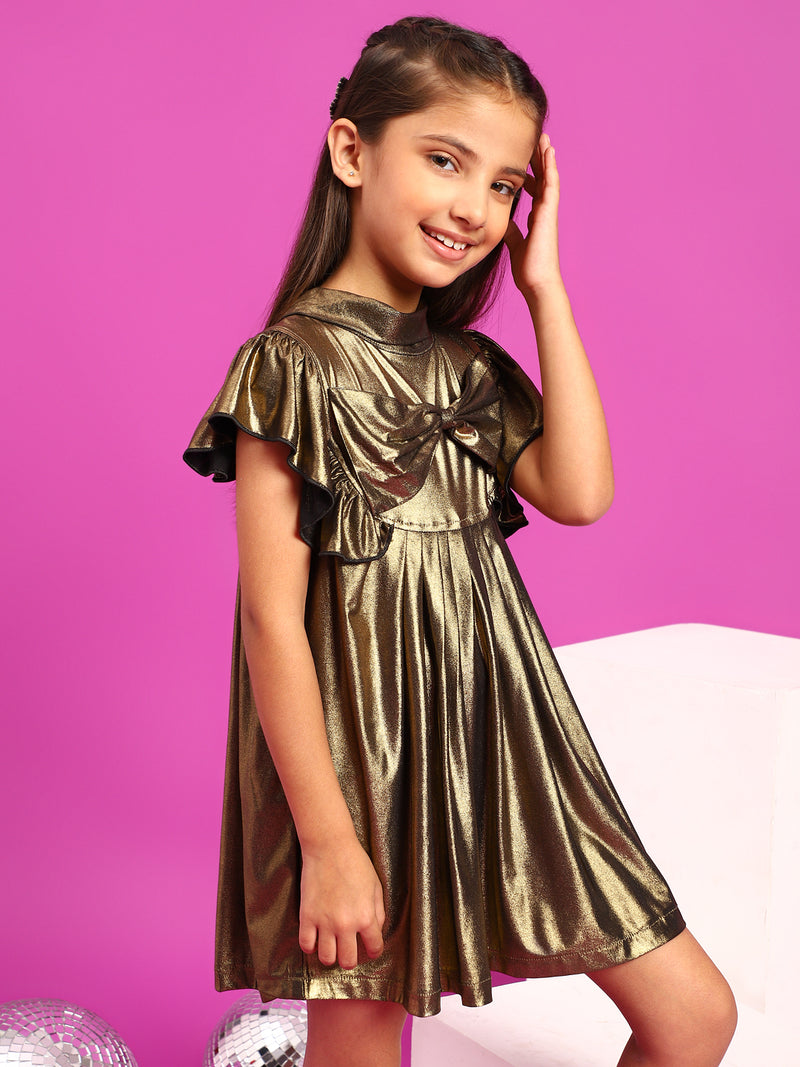 Girls Golden Polyester Regular Fit Solid Dress