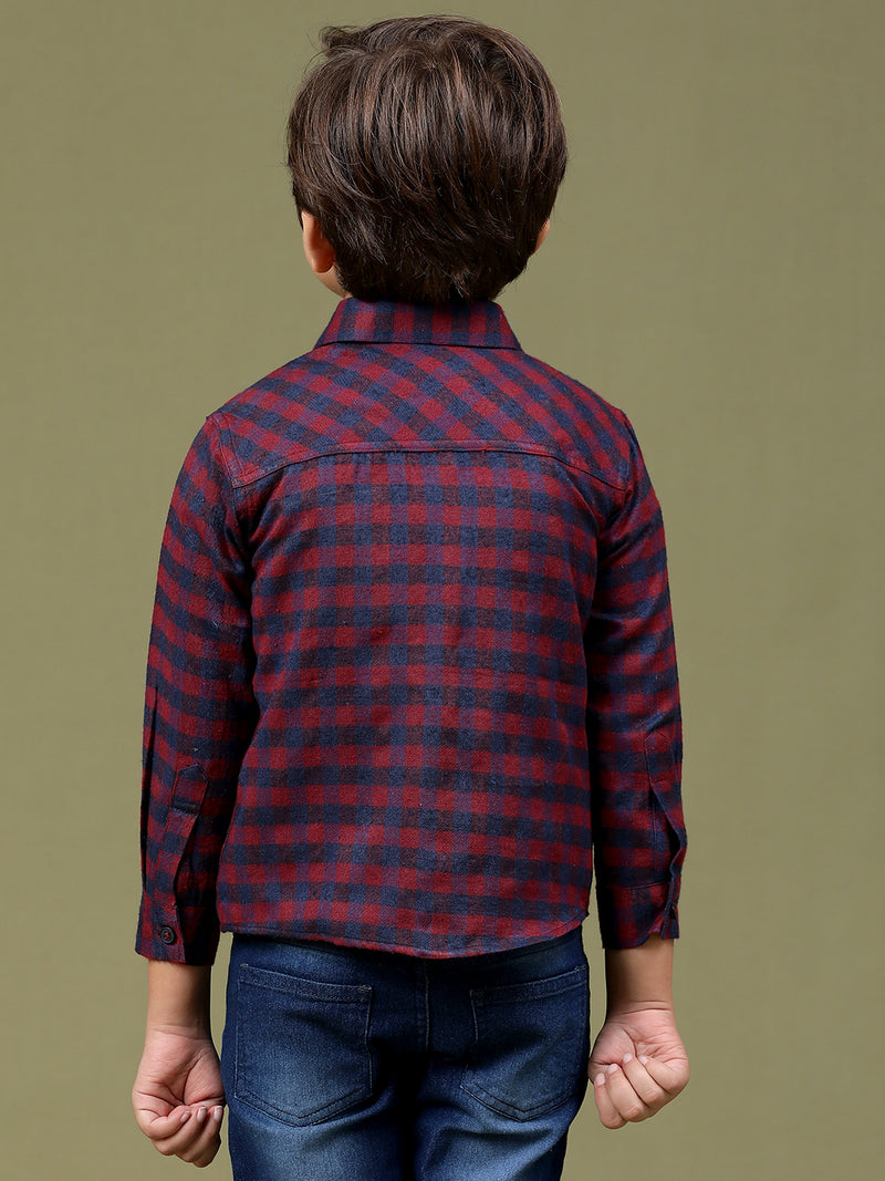 Boys Maroon Cotton Poly Checked Regular Fit Shirt