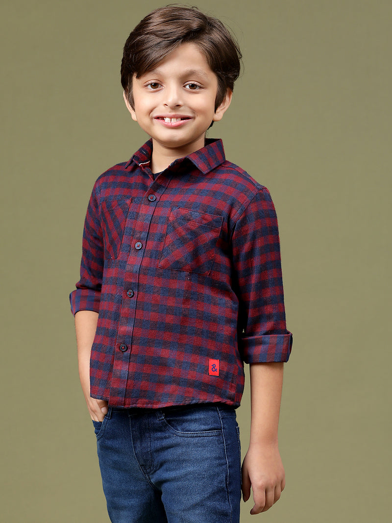 Boys Maroon Cotton Poly Checked Regular Fit Shirt