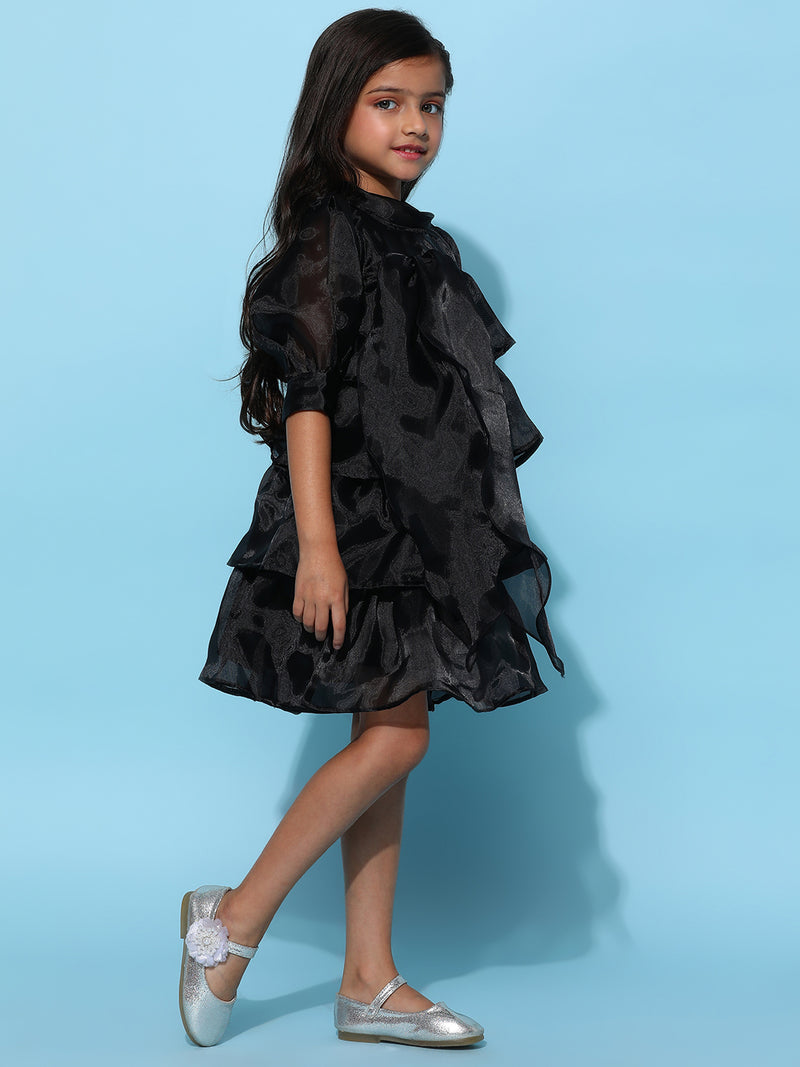 Girls Black Polyester Regular Fit Solid Dress