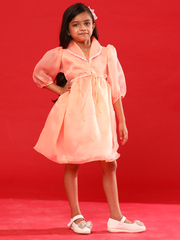 Girls Peach Polyester Regular Fit Solid Dress