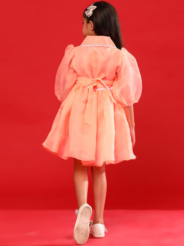 Girls Peach Polyester Regular Fit Solid Dress