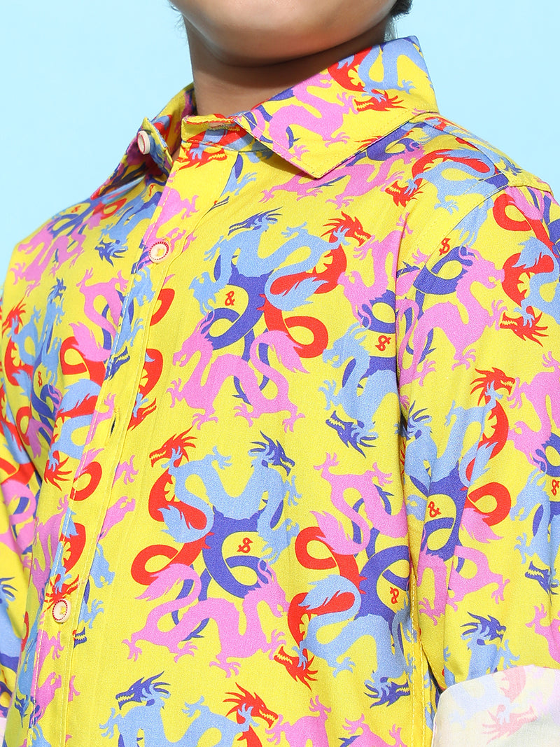Boys Yellow Rayon Printed Regular Fit Shirt