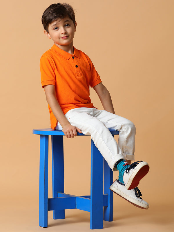 Boys Orange Solid Polo T-Shirt