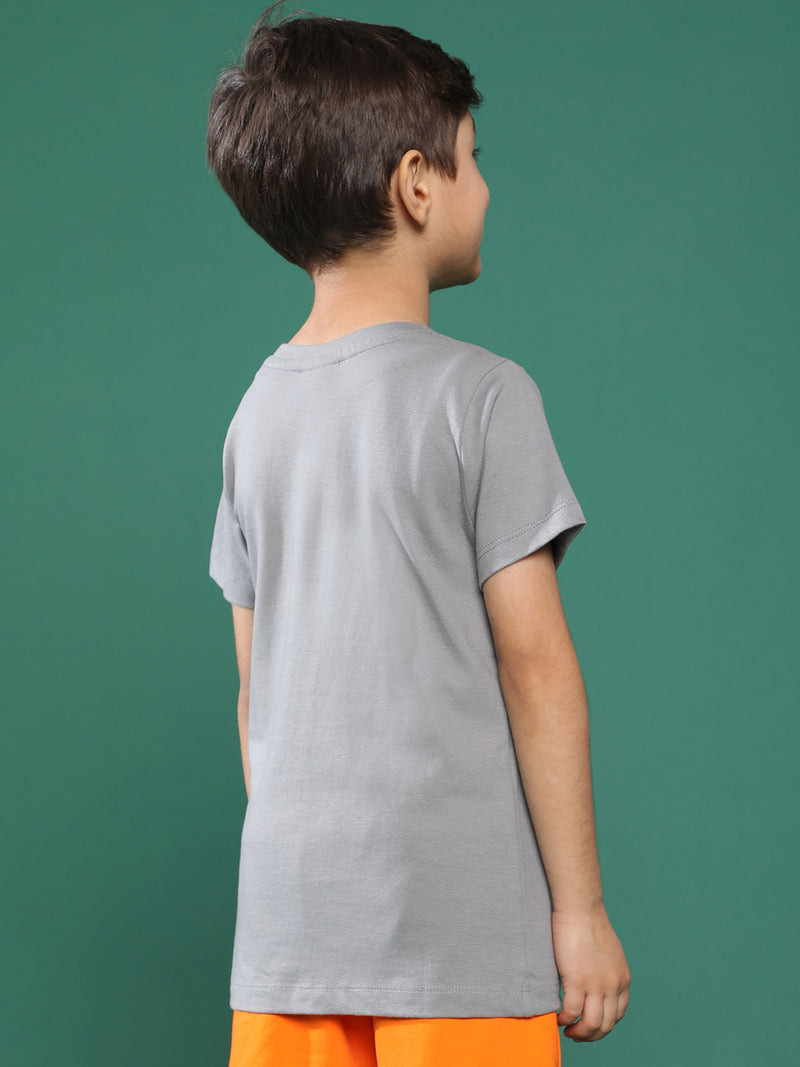 Boys Light Grey Printed Cotton T-shirt