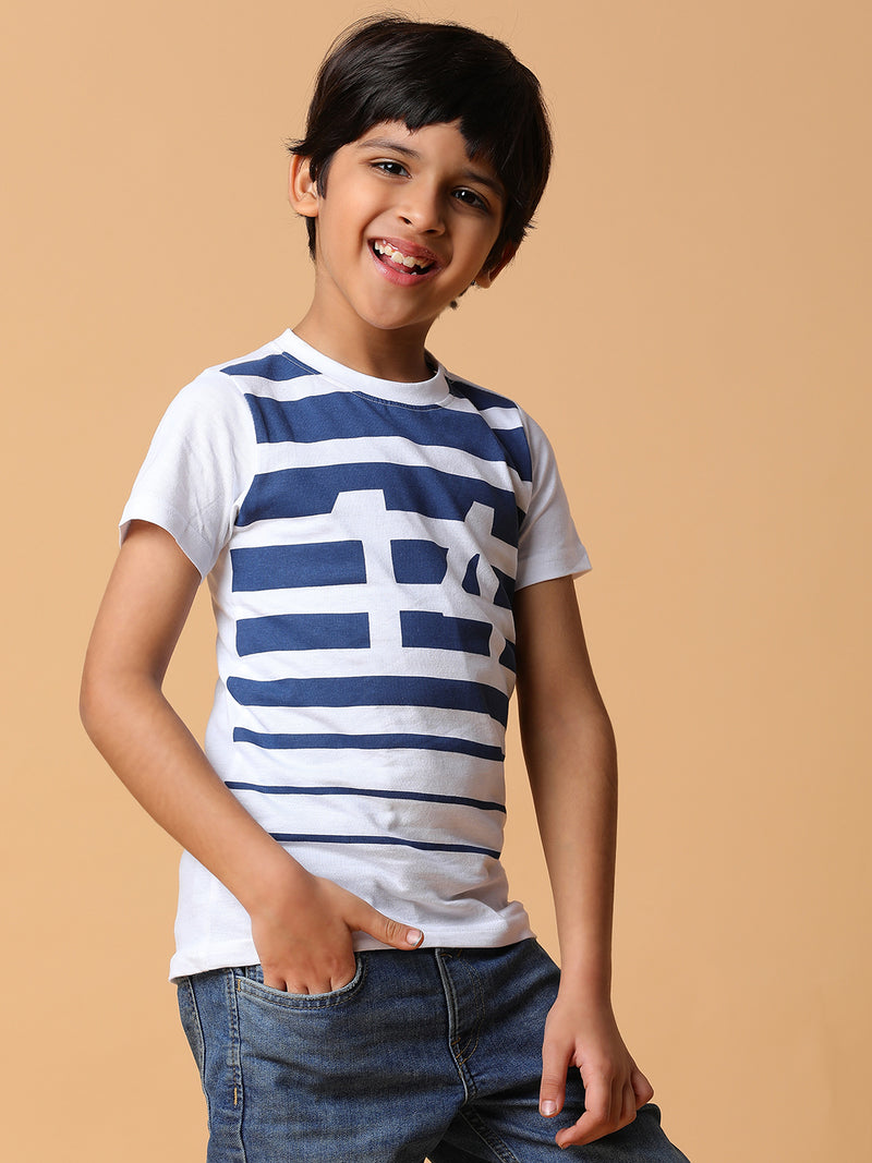Boys White & Blue Striped Cotton T-shirt