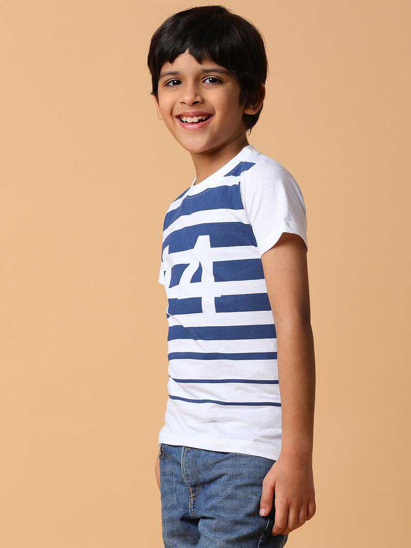 Boys White & Blue Striped Cotton T-shirt