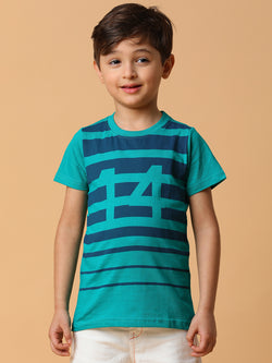 Boys Green & Blue Striped Cotton T-shirt