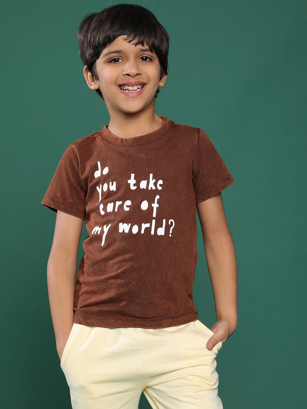 Boys Brown Printed Cotton T-shirt
