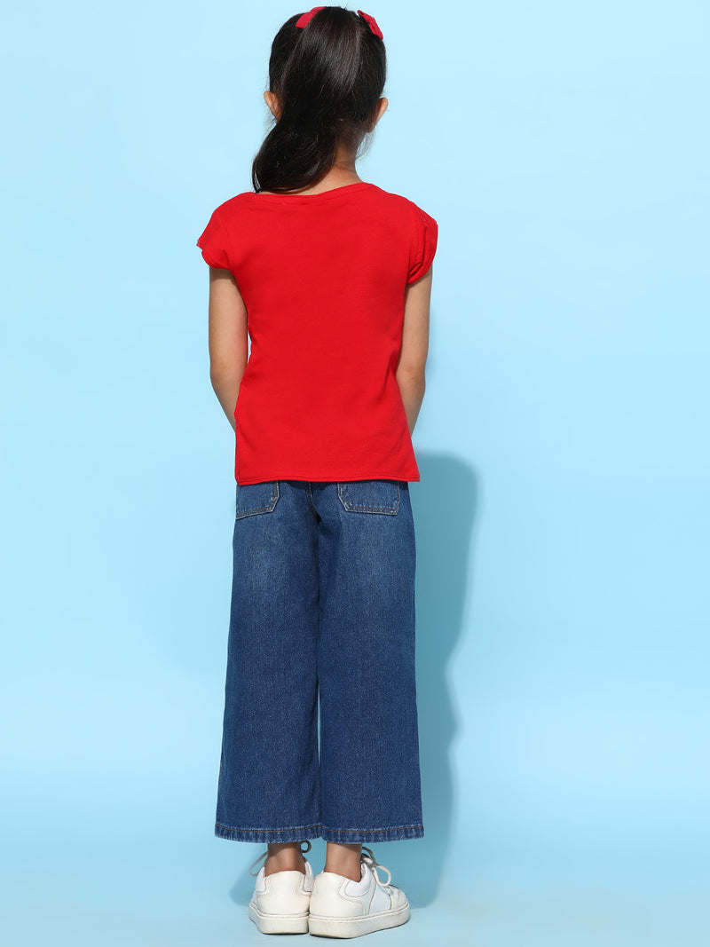 Girls Red Lycra Printed Regular Fit T-shirt