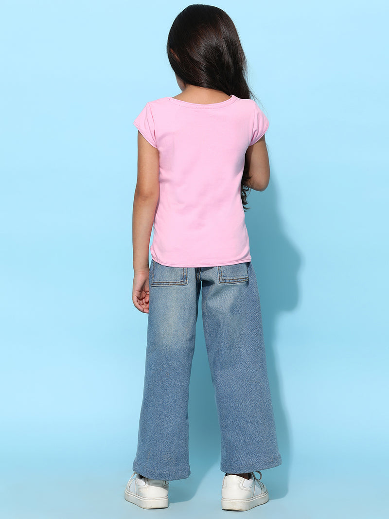 Girls Light Pink Lycra Printed Regular Fit T-shirt