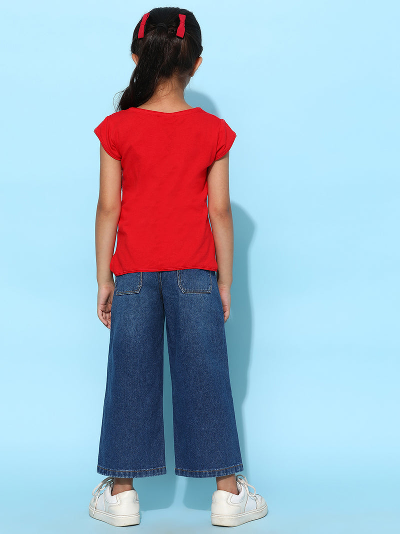 Girls Red Lycra Embroidered Regular Fit T-shirt