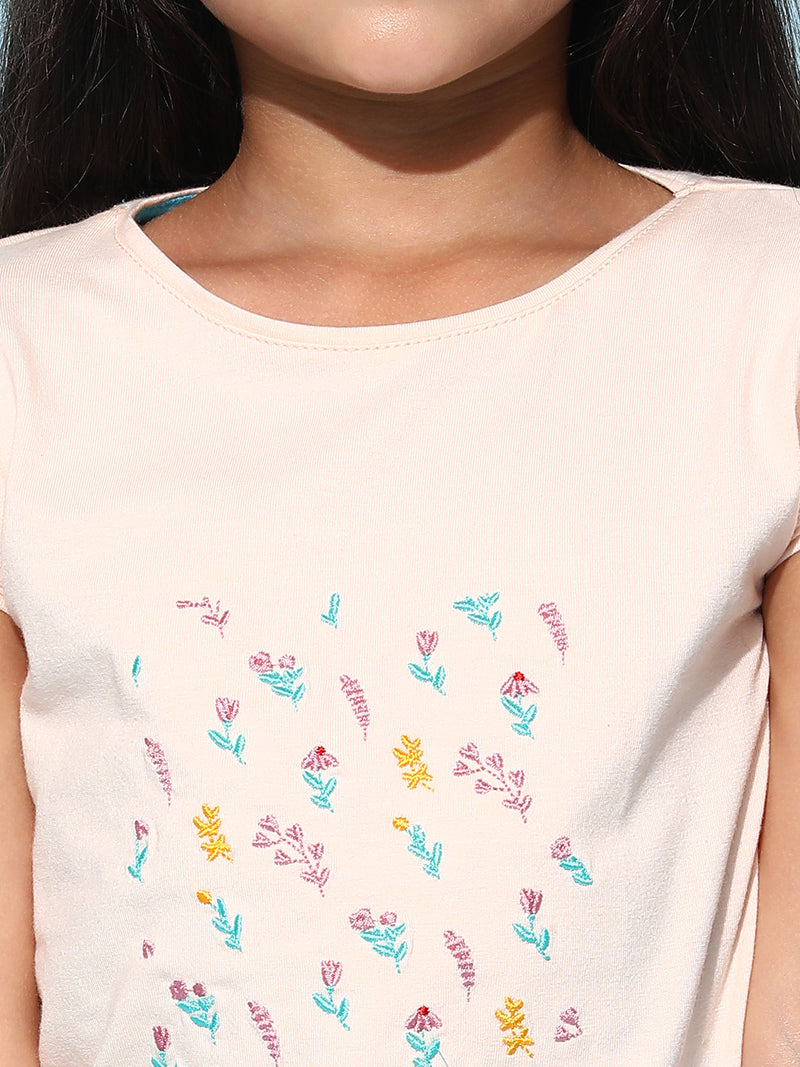Girls Vanila Lycra Embroidered Regular Fit T-shirt