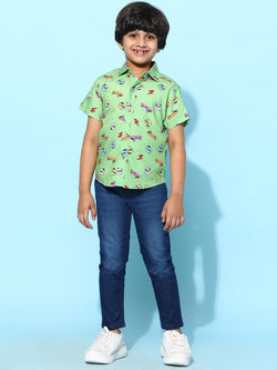 Boys Green Rayon Printed Regular Fit Shirt