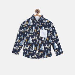 Boys Navy Blue Ark Boat Printed Casual Shirt