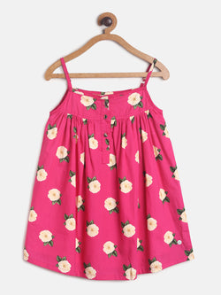 Girls Pink Floral Print Sleeve Less Cotton Dress 