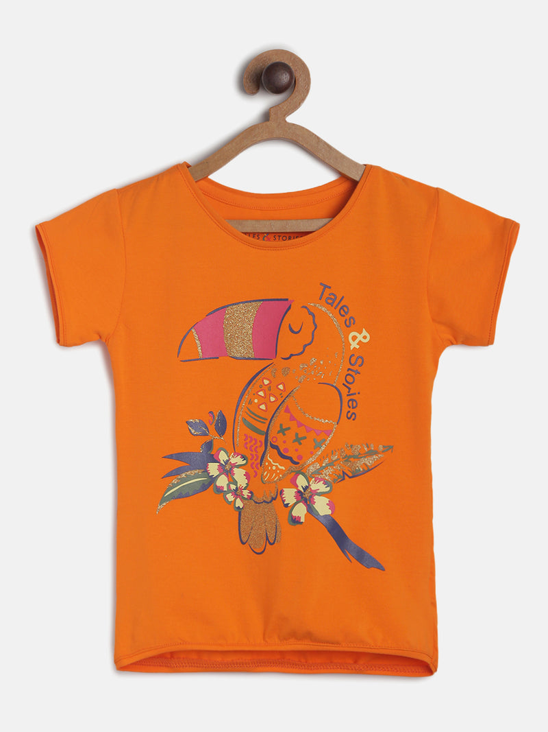 Girls Orange Regular Fit Cotton T-shirt