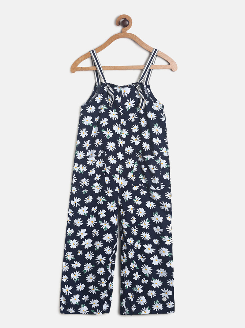 Girls Navy Blue Floral Print Cotton Jumpsuit