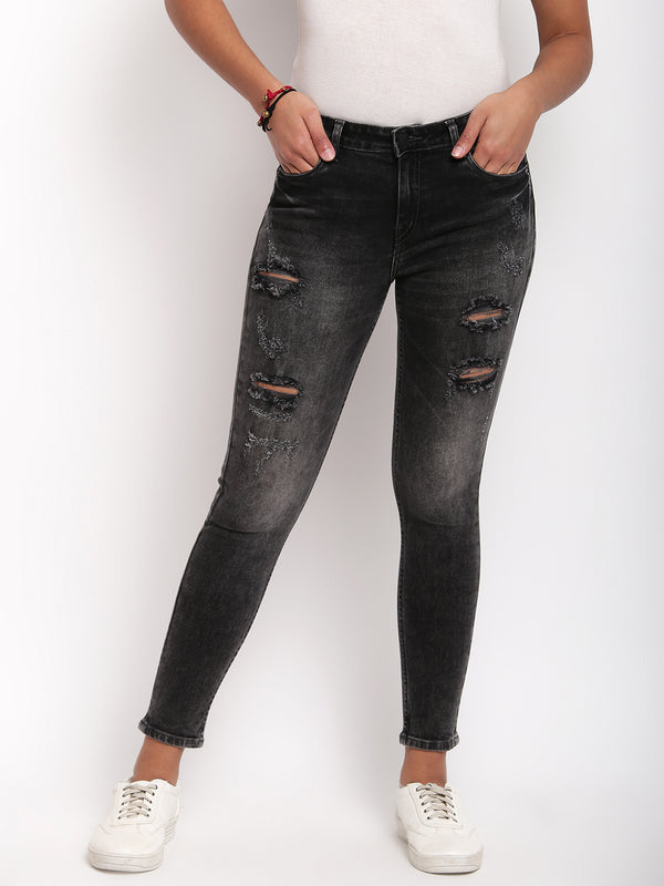 Women Black Mid Waist Skinny Fit Distressed Denim Jeans