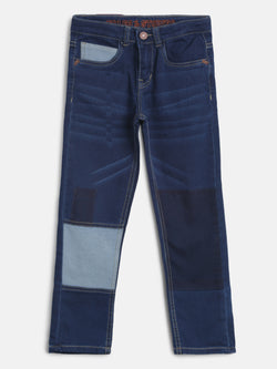 Boys Dark Blue Front Patch Casual Denim Jeans