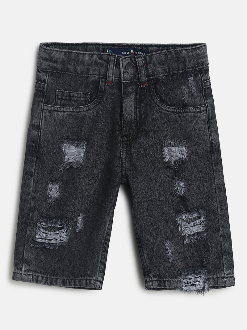 Boys Dark Grey Regular Fit Distressed Denim Shorts