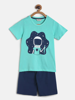 Boys Navy Blue & Green Printed Cotton Night Suit
