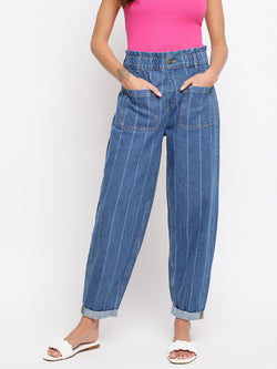 Women Striped Denim Mom Fit Jeans