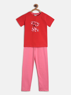 Girls Red & Pink Printed Cotton Night Suit