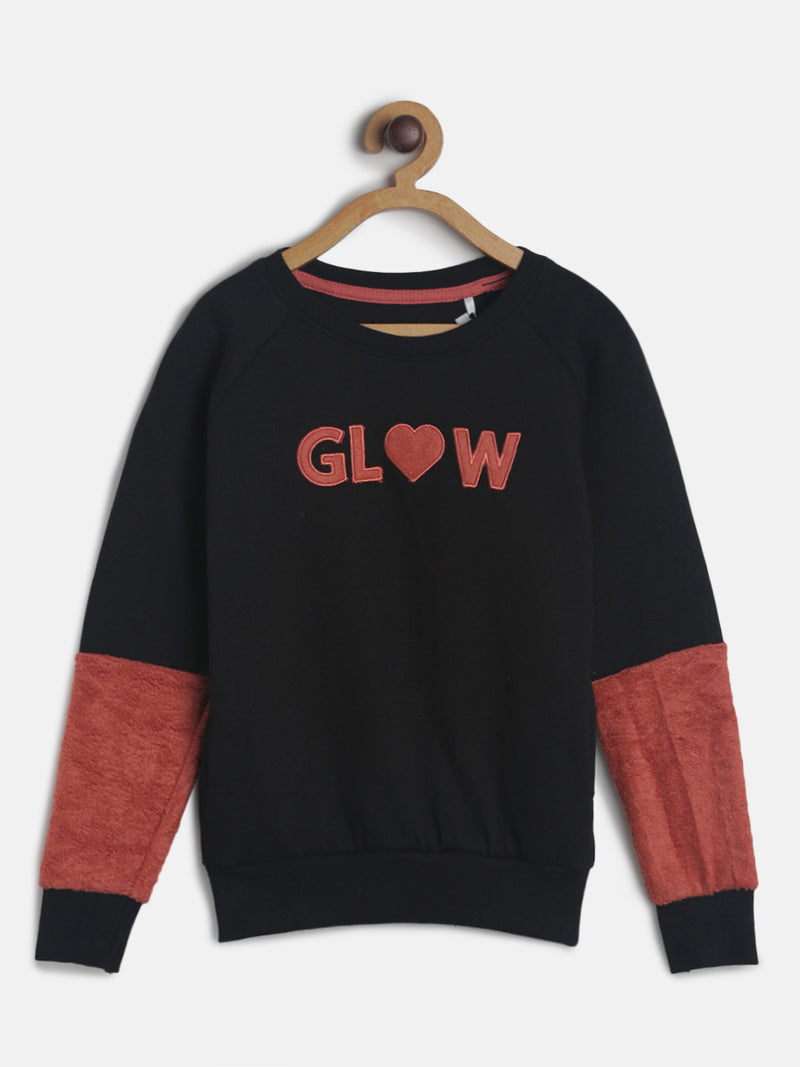 Girls Black Printed Cotton Regular Fit Sweatshirt