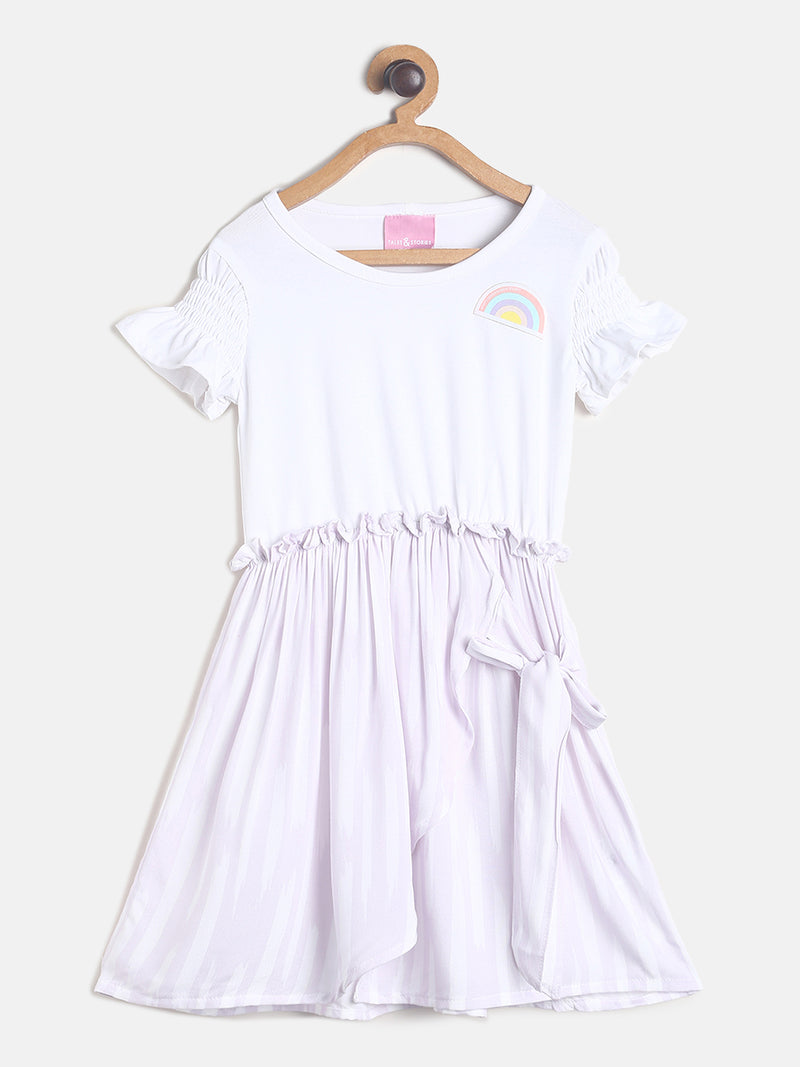 Girls White Cotton Dress With Rainbow Patch