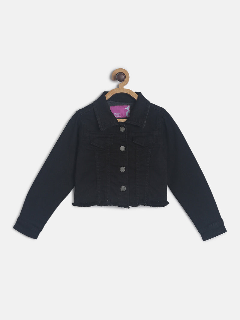 Girls Regular Fit Black Casual Denim Jacket
