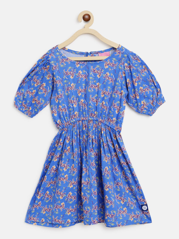 Girls Blue Floral Printed Dress