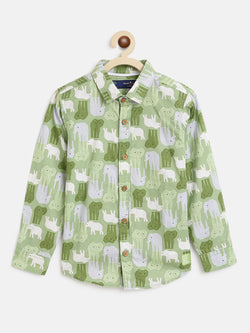 Boys Green Animal Print Shirt
