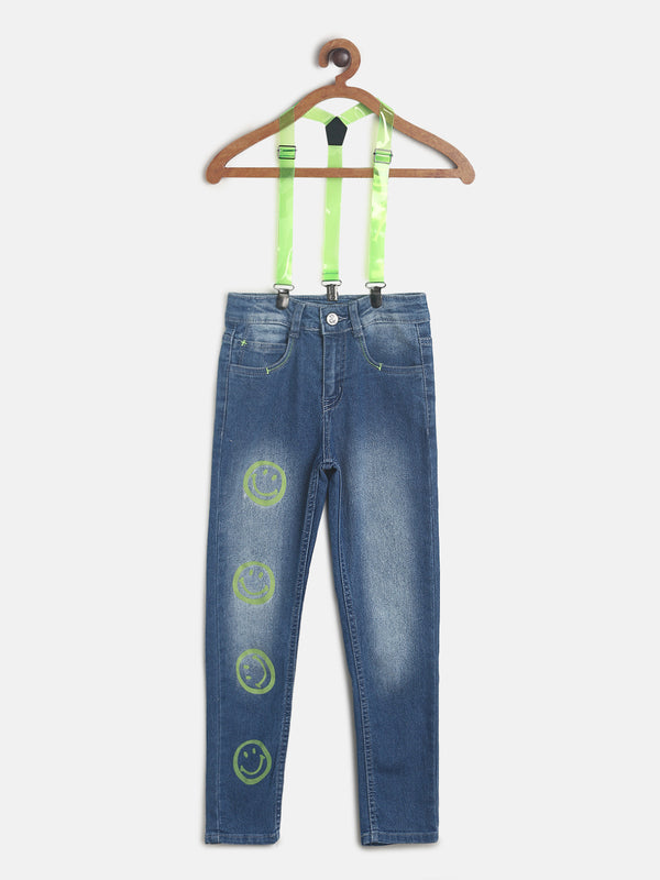 Boys Mid Blue Printed Denim Jeans With Suspender