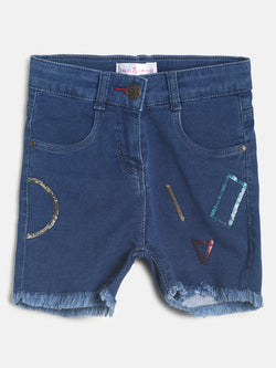 Girls Mid Blue Embroidered Denim Shorts