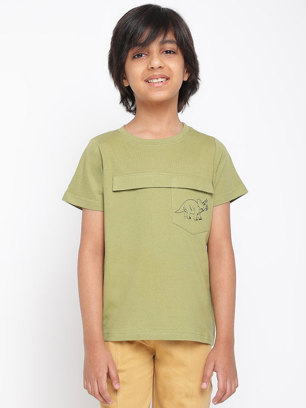 Boys Green Regular Fit Round Neck Cotton T-shirt